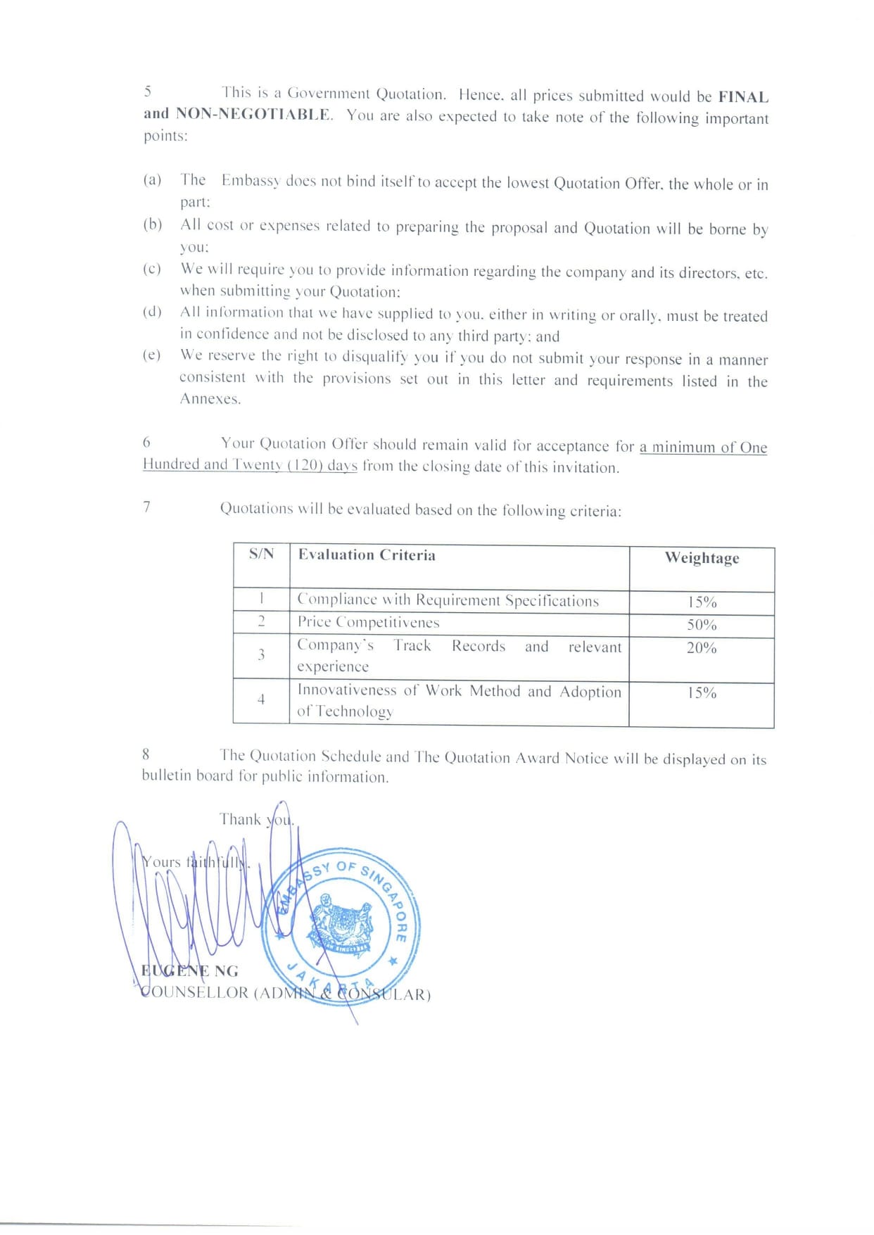 Official document with text, table showing evaluation criteria, signature, and "Embassy of Singapore" seal.